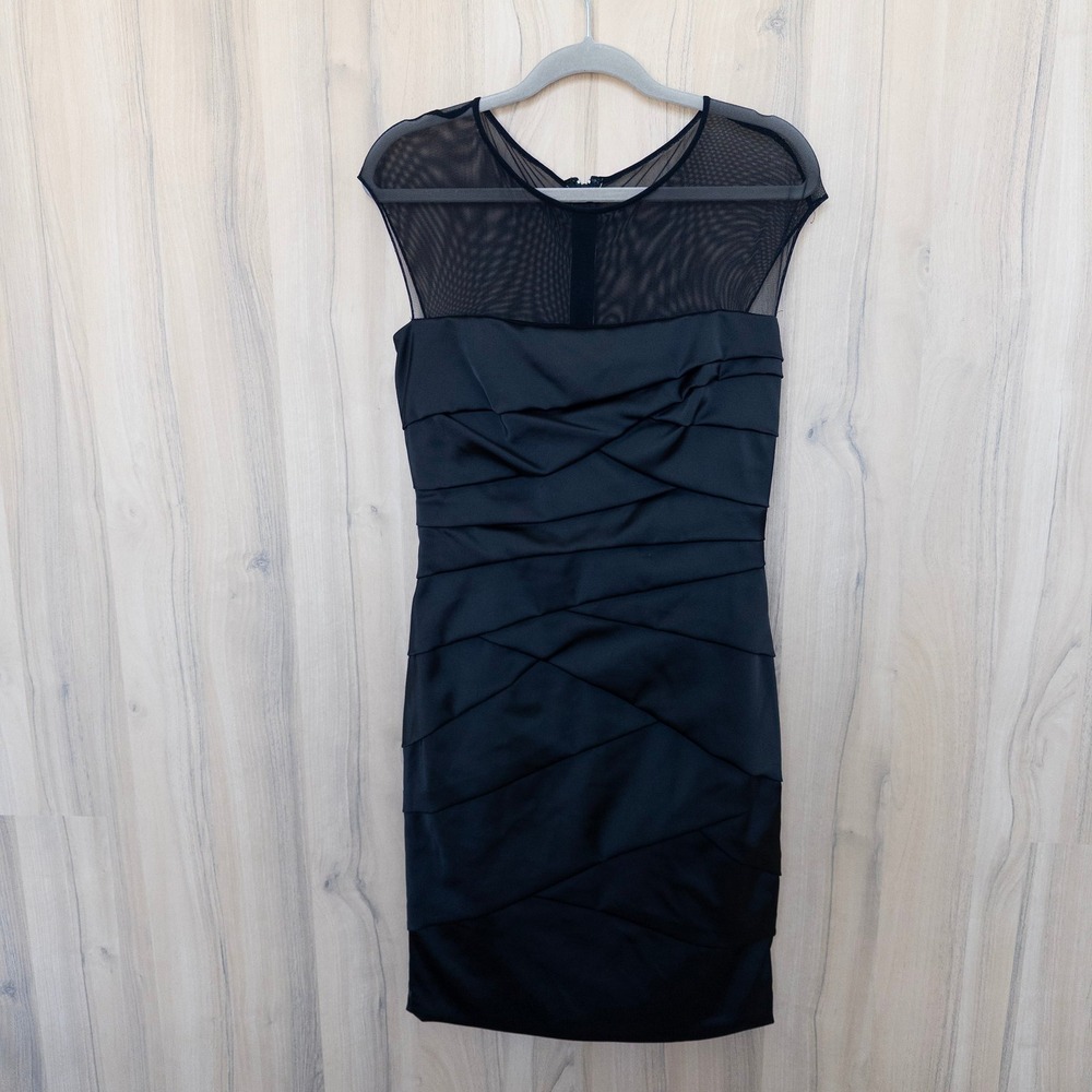 Tadashi Shoji Womens Dress 8 Black Mesh Pleated Satin Bodycon Cocktail Designer